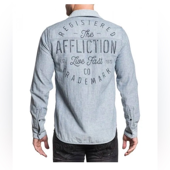Affliction Reversible Dark Blue Denim Shirt with Graphic Back
Size Medium - Picture 2 of 12